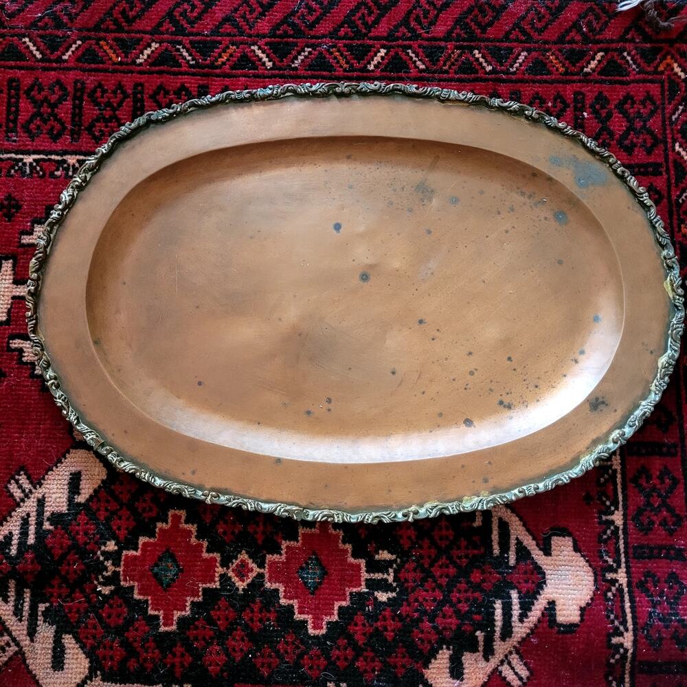 Mid  Century Modern Copper Tray Made in Mexico with decorative scroll edge